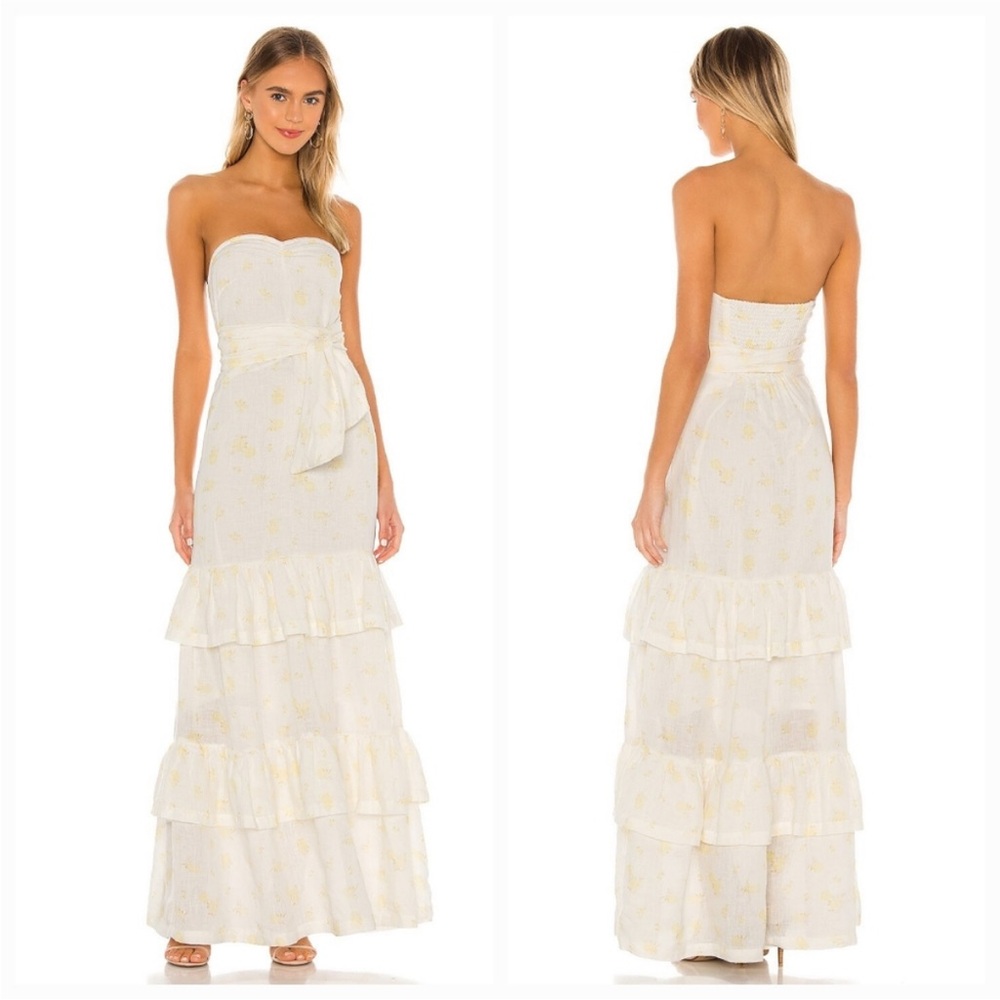 Revolve’s Tularosa Arlo yellow/white strapless Maxi Dress